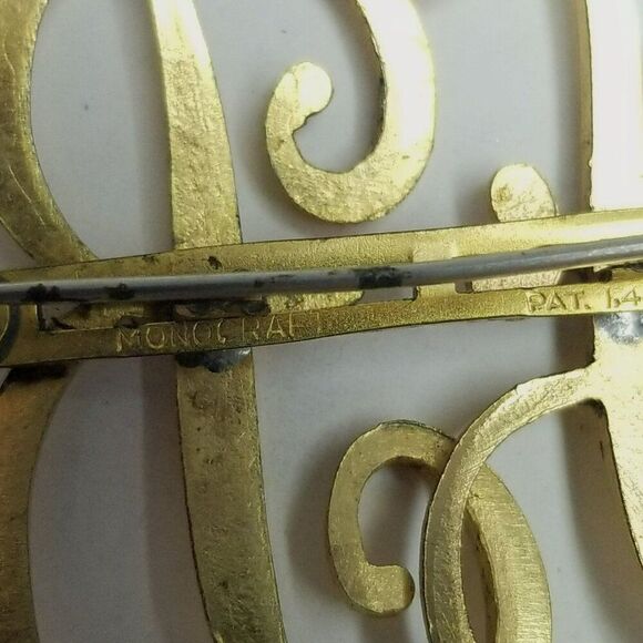 Vintage Monocraft F B Monogram Brooch Gold Tone Initial Letter Signed Pat Number - Picture 4 of 8